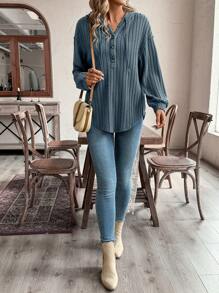 EMERY ROSE 女士休闲纯色罗纹落肩宽松弧形下摆半开襟抽绳连帽卫衣，春秋季 - 藍色 - 查看 3