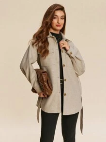 Chiquease 女士休闲翻盖口袋短款系带夹克，韩版高端秋冬 - 杏色 - 查看 4