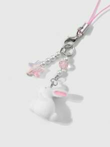 ROMWE Kawaii 2 件可爱卡哇伊甜美女孩高品质人造珍珠粉红丝带蝴蝶结白色 3D 植绒兔子手机吊坠钥匙扣包饰，适合姐妹、女朋友、朋友、女士、日常佩戴、节日礼物 - 白色 - 查看 5