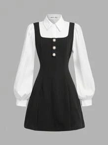 Firerie Kids Firerie Kids Nova Glow Tween Girls Elegant Black And White Color Block Turndown Collar Lantern Sleeve 2 In 1 Dress,Autumn Back-To-School School Fall Outfits - Black and White - View 6