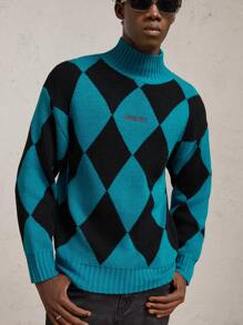 AKNOTIC Business Casual Men's Letter Embroidered Plaid High Neck Dropped Shoulder Long Sleeve Sweater, Suitable For Autumn/Winter - Multicolor - View 7