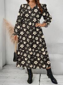 Glamance Aranza Sanchez Women Black Plus Size Dresses Long Sleeve V Neck Boho Plain,All Over Print,Floral,Plants Summer Outfits For Women Summer Dress For Women Sundress For Women Vacation Dress Going Out - Black - View 3