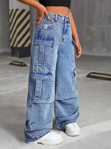 SHEIN Quần jeans cargo ống rộng, nhiều túi, phong cách Y2K dành cho bé gái tuổi teen, thích hợp cho mùa thu đi học. - Rửa trung bình - Xem 5