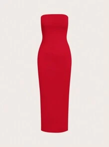 SHEIN BASICS 女士露肩修身紧身休闲晚礼服，舒适别致，新年 - 紅色 - 查看 7