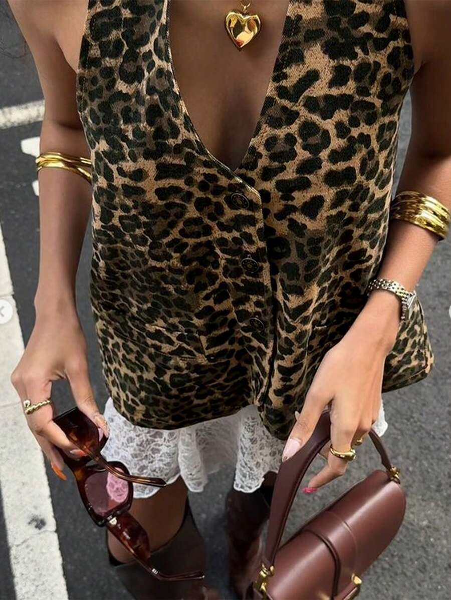 INAWLY Women Front Button Leopard Print Minimalist Sleeveless Tank Top, Casual For Everyday - Multicolor - View 1