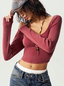 Bohemela 1pc Women Solid Color Knitted Cropped Fitted Washed Tank Top, Casual - Burgundy - View 7