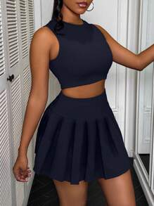 Zolique Women Solid Color Round Neck Cropped Camisole & Pleated Mini Skirt Casual 2Pcs Set - Blue - View 3