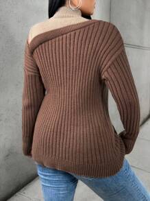 Calvaya 大码女装秋冬针织修身不对称镂空花卉装饰优雅微性感罗纹单不对称花卉拼接撞色落肩长袖圆领套头毛衣 - 棕色 - 查看 2