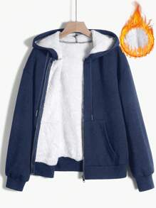 SHEIN EZwear Women Casual Solid Color Drop Shoulder Loose Drawstring Zipper Front Hoodie Sweatshirt, Thermal Lined, Autumn/Winter - Blue - View 3