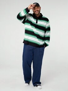 Manfinity VCAY Plus Size Men's Loose Knit Long Sleeve Striped Polo Shirt - Multicolor - View 2