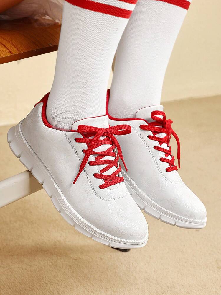 CUCCOO EASI Fashionable White And Red Floral Design Lightweight, Soft, Casual, Breathable, Comfortable Sneakers Suitable For Outdoor Activities, Vacation, Daily Life Tainers