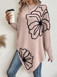 SHEIN LUNE Áo len dài tay thường ngày họa tiết hoa viền bất đối xứng cho nữ - Hồng - Xem 6