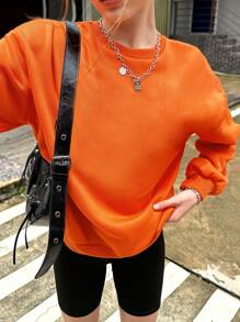 SHEIN EZwear 大码纯色圆领长袖简约运动衫，休闲日常穿着 - 橘色 - 查看 1