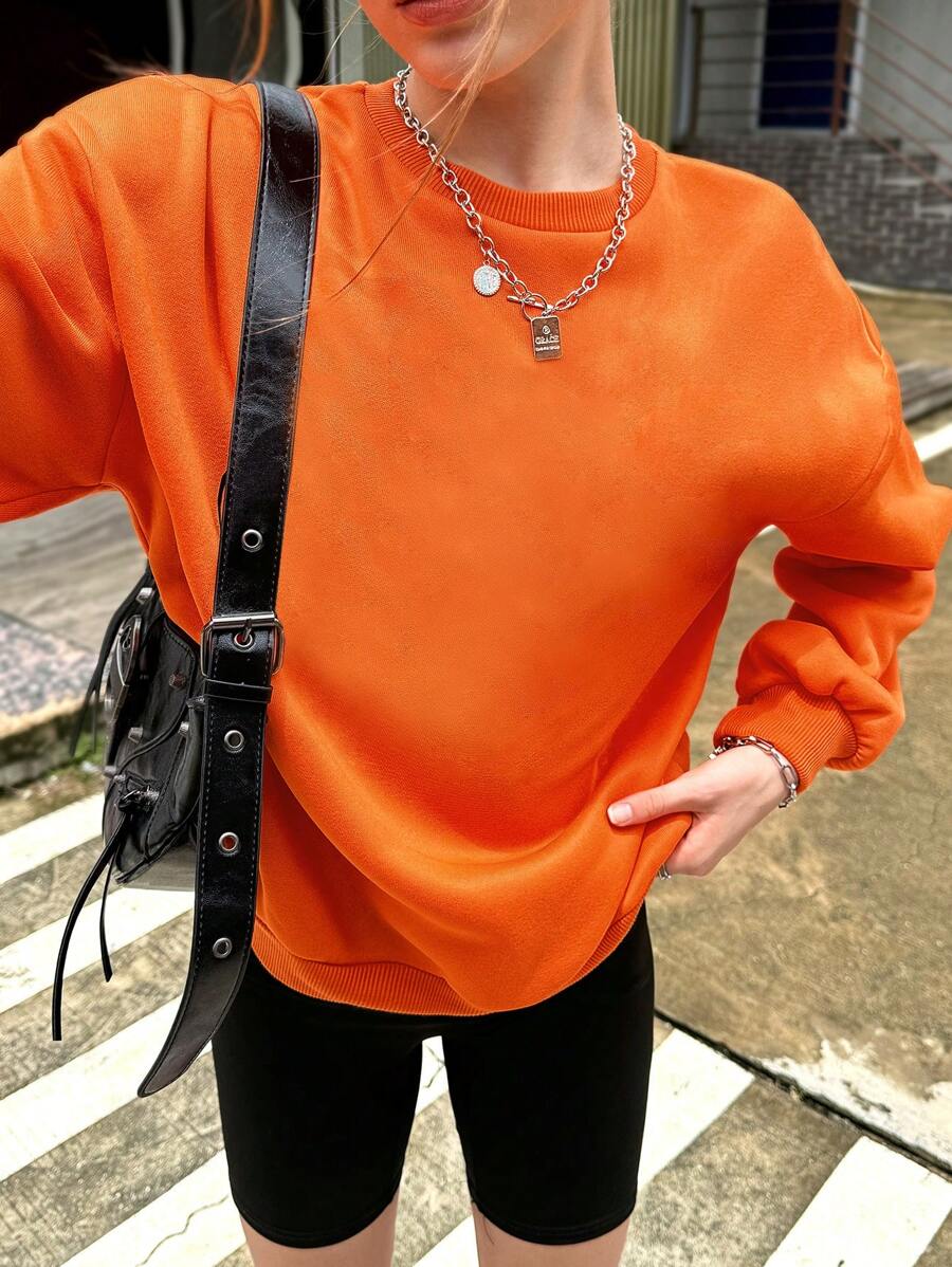 SHEIN EZwear 大码纯色圆领长袖简约运动衫，休闲日常穿着 - 橘色 - 查看 1