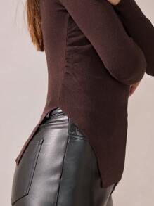 BizChic Women's Elegant Long Sleeve Brown Basic Knit Sweater T-Shirt, Commuter Fashion Outfit, Suitable For Christmas,