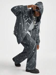 Manfinity VCAY Men's Digital Print Loose Knitted Long Sleeve Sweatshirt Set, For Fall Winter - Dark Grey - View 2