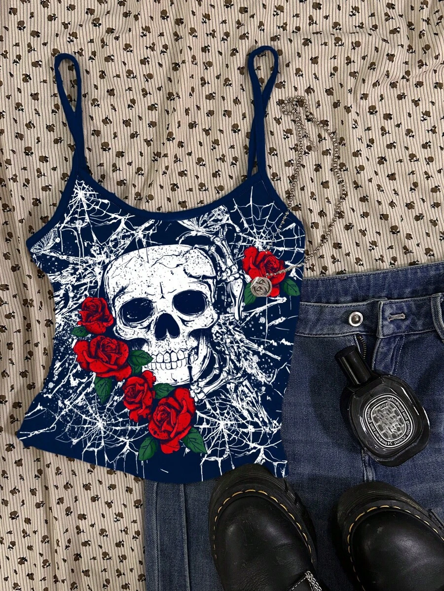 Attitoon Camiseta negra ajustada y sexy con estampado de cráneo de rosa para mujer, para usar en verano