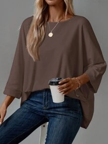 EMERY ROSE 1pc Women's Solid Color Round Neck Long Sleeve Casual T-Shirt