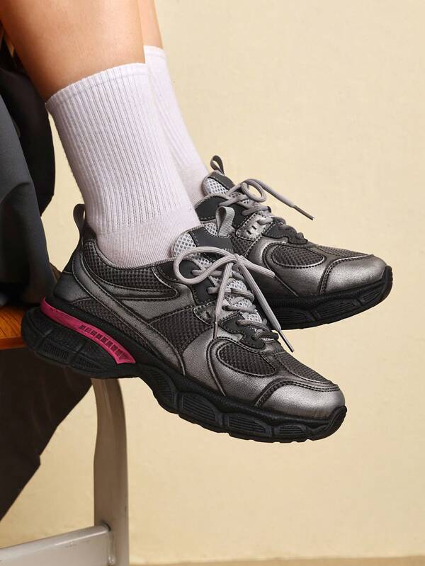 Vate Vintage Color Block Breathable Distressed Effect Women Casual Sports Shoes, Fashionable Retro Platform Sneakers