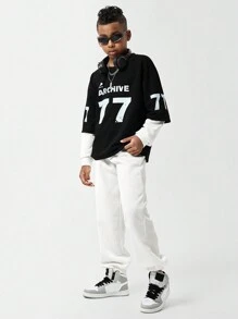 SHEIN Tween Boy Letter Print Stylish Crew Neck Casual Long Sleeve Mock Layered Sweatshirt - Black - View 4