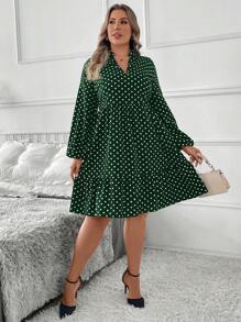 SHEIN Clasi Plus Size Solid Color Polka Dot Print V-Neck Long Sleeve Dress