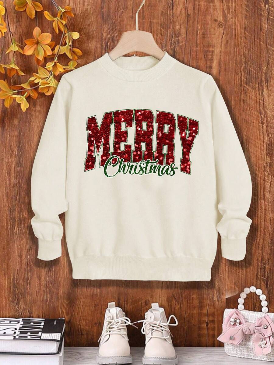Tween Girl Christmas Sequin Pattern Casual Comfortable Sweater, Autumn/Winter, With Printed Design - White - View 1