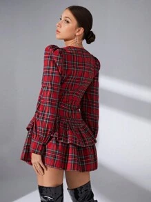 SHEIN Vestido de burbuja a cuadros rojos vintage para adolescentes, ideal para Navidad, Acción de Gracias, días festivos, retro, a cuadros, fiesta, rojo, invierno, otoño, Nochevieja - Rojo - Ver 6