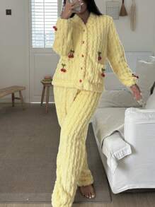 Women Cute 3D Cherry Decoration Fleece Pullover & Pants Pajama Set, Autumn Winter - Yellow - View 4
