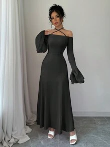 Elenzga Đầm Maxi Cổ Gập Tay Loe Xếp Ly Màu Trơn Thanh Lịch, Trang Phục Thu Cho Nữ - màu đen - Xem 3