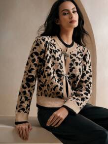 Anewsta Autumn/Winter Stylish Bow Knot Rhinestone Vintage Leopard Knit Cardigan For Women - Multicolor - View 4