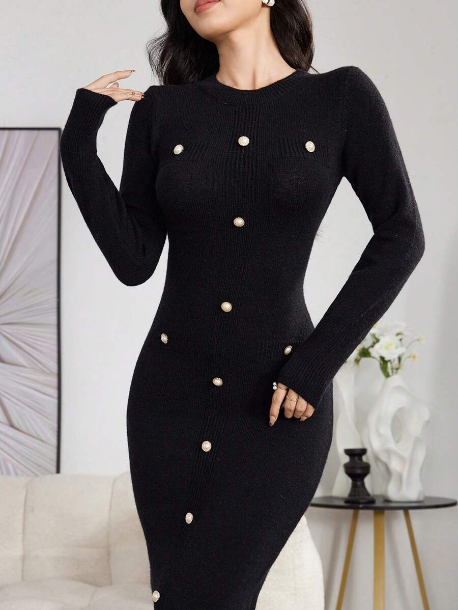 Modelyn 女士优雅纯色纽扣装饰紧身针织毛衣连衣裙，秋冬 - 黑色 - 查看 1