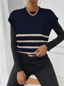 Chiquease Chaleco holgado de punto casual con cuello redondo a rayas para mujer, otoño/invierno - Azul Marino - Ver 5