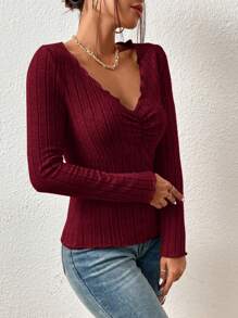 SHEIN Essnce Women's Casual V-Neck Fitted Long Sleeve T-Shirt, For Autumn - Burgundy - View 6