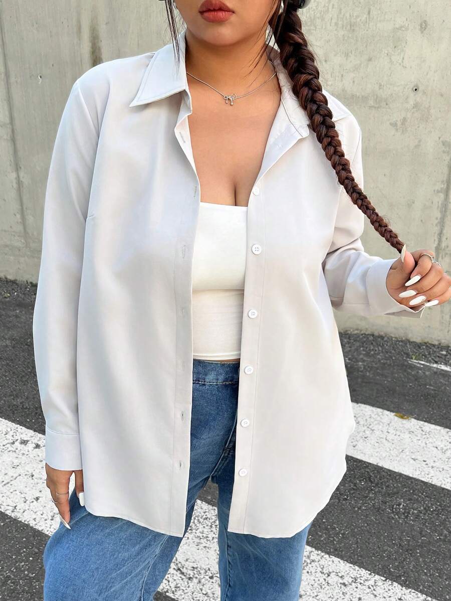 SHEIN EZwear 大码女式纯色长袖单排扣休闲衬衫，秋季 - 杏色 - 查看 1