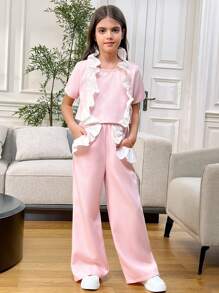 SHEIN 2pcs Tween Girls Casual Contrast Color Ruffle Collar Shirt & Ruffle Hem Pants Set