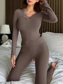 DAZY Contrast Lace Solid Color Lightweight Knit Fabric Fitted Pajama Set, Back To School Clothes, For Fall Winter Clothes - Dark Grey - View 3