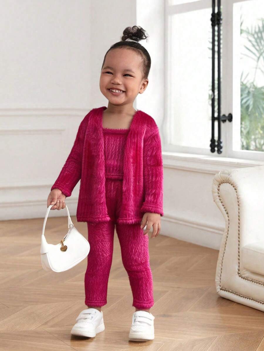 SHEIN 3 件套女婴服装：毛绒针织开衫、修身罗纹毛衣上衣和紧身裤，洋红色 - 玫紅色 - 查看 1