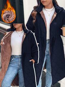 SHEIN LUNE Plus Size Women Solid Color Pocket Zip-Up Long Sleeve Coat, Autumn Fall Winter Winter Clothes Outfit