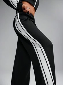 Innovista Loose Fit Air Layer Knitted Zip-Up Zip Up Colorblock Sets, 2pcs, Cropped Jacket, Splicing Design Sports Jogger, Sweatpants, Casual & Daily Tracksuit, Jersey, Winter Women Clothes, Fall Winter Women Outfit,Tracksuit