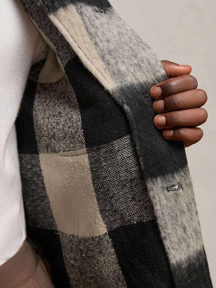 Men's Woven Plaid Loose Drop Shoulder Long Sleeve Hooded Jacket, Suitable For Autumn, For Fall Winter
