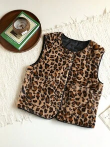 SHEIN VCAY Women's Open Front Pocketed Casual Leopard Print Cardigan Coat, Autumn/Winter,Back To School For Daily Wear,Fall Outfits,Commute,Minimalist,Office,Old Money,Simple,Teacher Clothes,Halloween Women Costumes,Thanksgiving Women Outfit,Fuzzy Leopard Print Cardigan Coat,Fleece Coat,Cow Print Vest