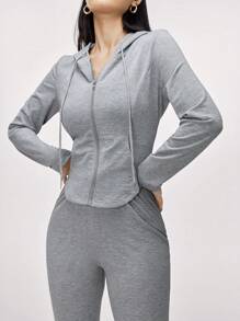 Mulvari Conjunto informal de 2 piezas con sudadera con capucha con cremallera de unicolor y pantalón largo, para otoño