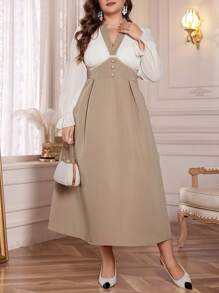 Modelyn 大码优雅撞色拼布连衣裙，春/秋，优雅 A 字裙，适合晚会/婚礼嘉宾/周年纪念 - 杏色 - 查看 4