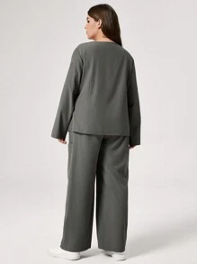 TaskEZ Plus Size Women's V-Neck Color Block Long Sleeve Pocket Scrub Uniform Top And Pants Set - Grey - View 2