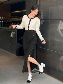 DAZY Women Casual Side Slit Knitted Sweater Skirt, Autumn/Winter - Black - View 3