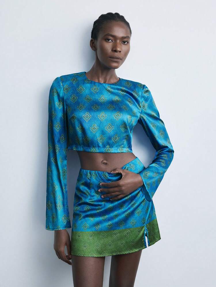 SHEIN Maija Ladies Fashion Modern City Party & Casual Holiday Rayon Woven Top With Artistic Print, Blue, Autumn/Winter