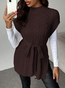 EMERY ROSE High Collar Split Waist Belt Elegant Sleeveless Sweater Vest - Chocolate Brown - View 8
