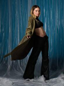 SHEIN X Belinda SHEIN EZwear Cappotto casual lungo in autunno da donna in pelle sintetica di colore unito con colletto Peter Pan e maniche lunghe - Verde Oliva - Visualizzare 6