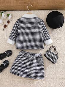 SHEIN Babygirl Autumn/Winter Houndstooth Fleece Jacket Coat Skirt Hat 3pcs Set - Black and White - View 2