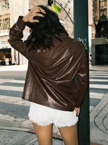 SHEIN EZwear 1 件女式复古棕色仿皮夹克，带口袋，长袖，秋季新品 - 棕色 - 查看 2